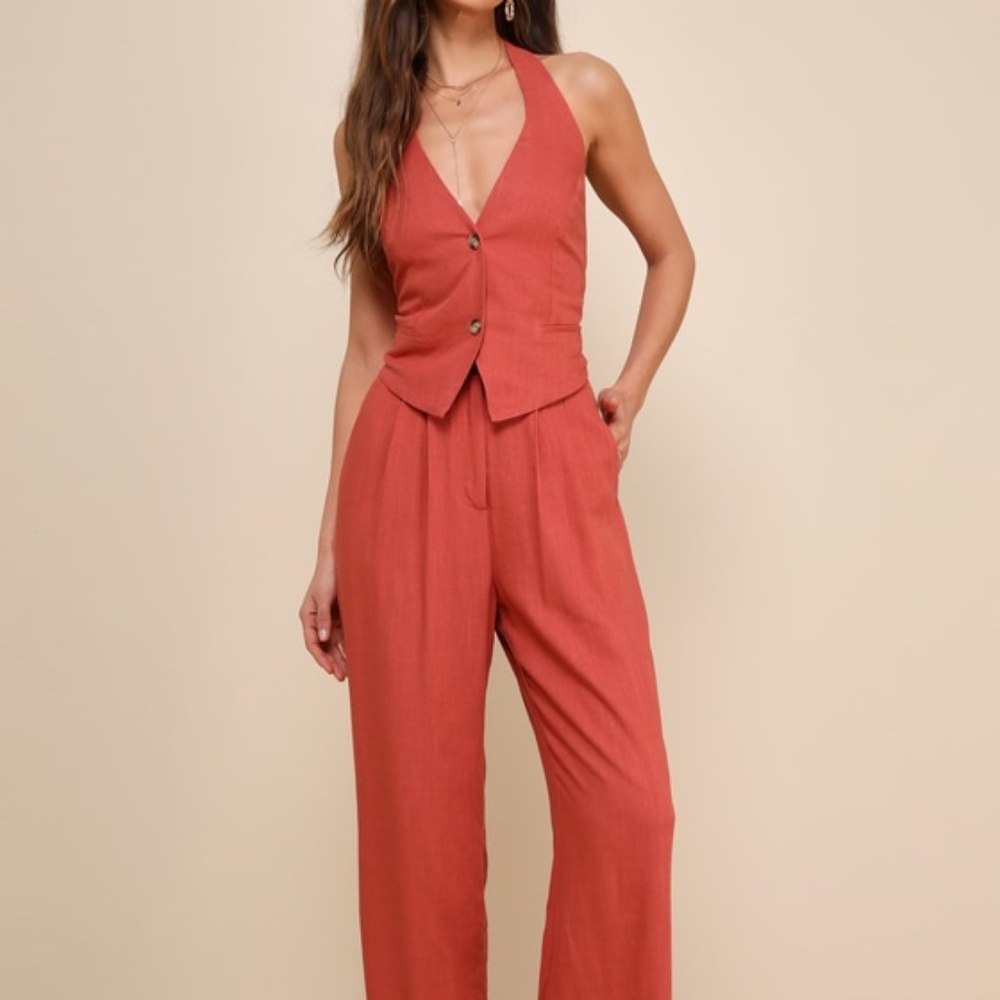 Lulus Relaxed Darling Rust Linen High-waisted Trouser Pants Red - Size M